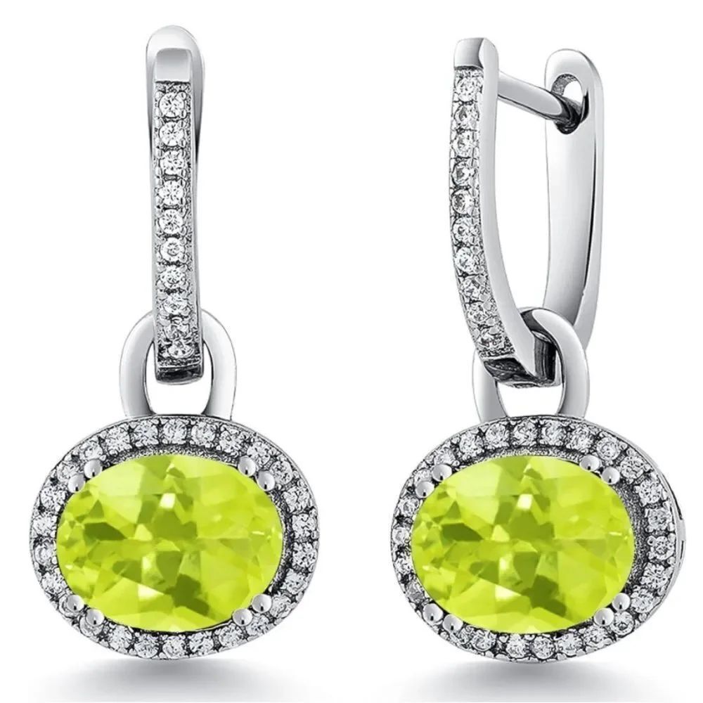 925 Sterling Silver with 4.14 Cttw Lemon Quartz Oval French Lock Drop Earrings